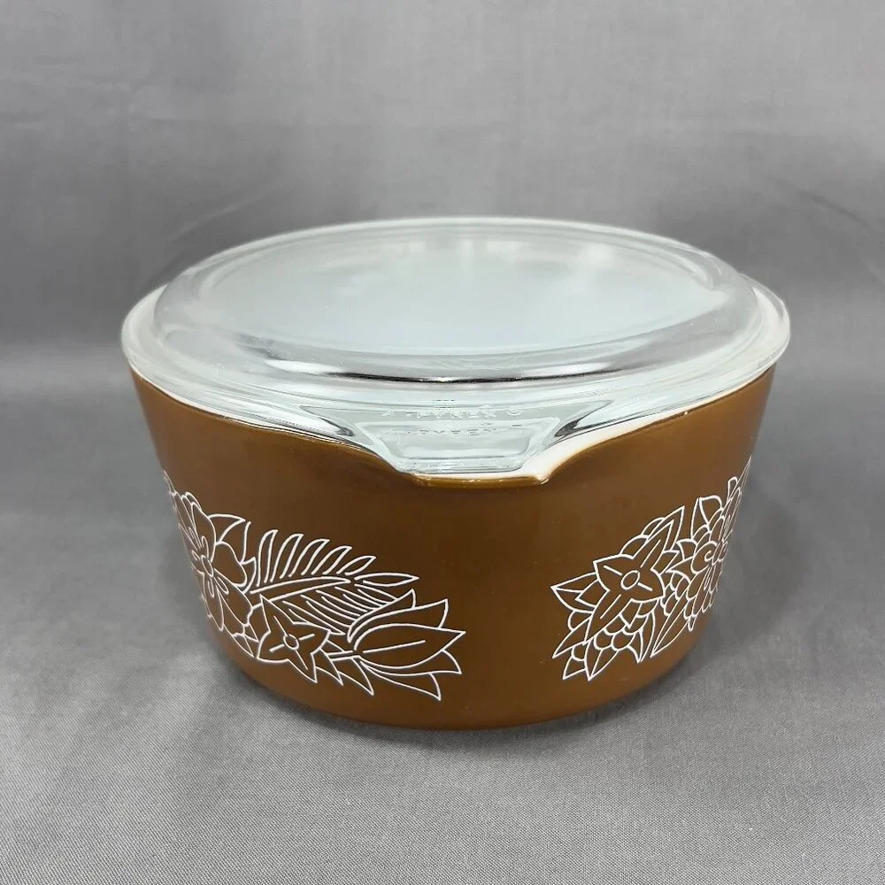 Vintage Pyrex #473B 1L Woodland Baking Casserole Dish Bowl Lid Brown 70s